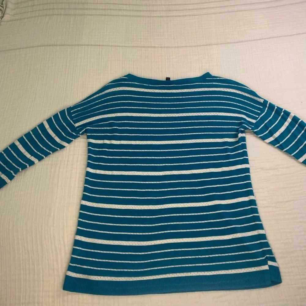 Talbots Sweater Shirt Teal Striped Linen Blend 3/4 Length Medium Petite Coastal - Picture 11 of 16